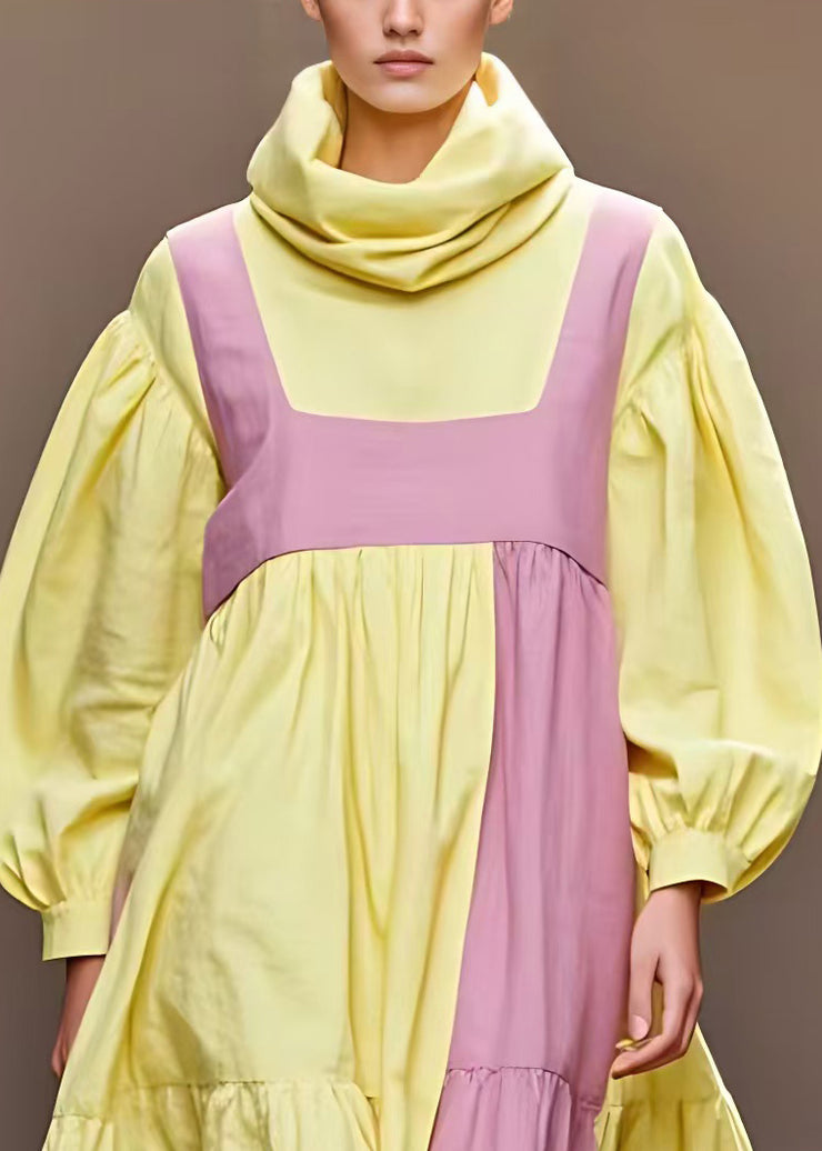 French Yellow Turtleneck Patchwork Cotton Dresses Long Sleeve