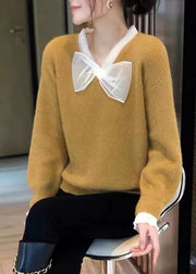 French Yellow V Neck Bow Patchwork Woolen Knitted Sweaters Fall