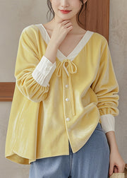 French Yellow V Neck Lace Up Silk Velour Shirt Top Fall