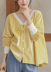 French Yellow V Neck Lace Up Silk Velour Shirt Top Spring