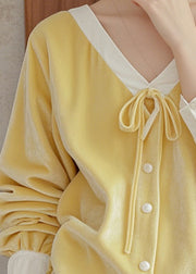 French Yellow V Neck Lace Up Silk Velour Shirt Top Spring