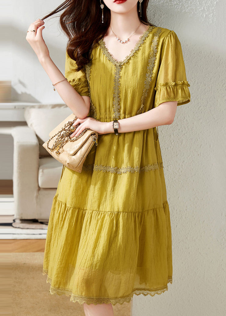 French Yellow V Neck Patchwork Cotton Party Dress Summer