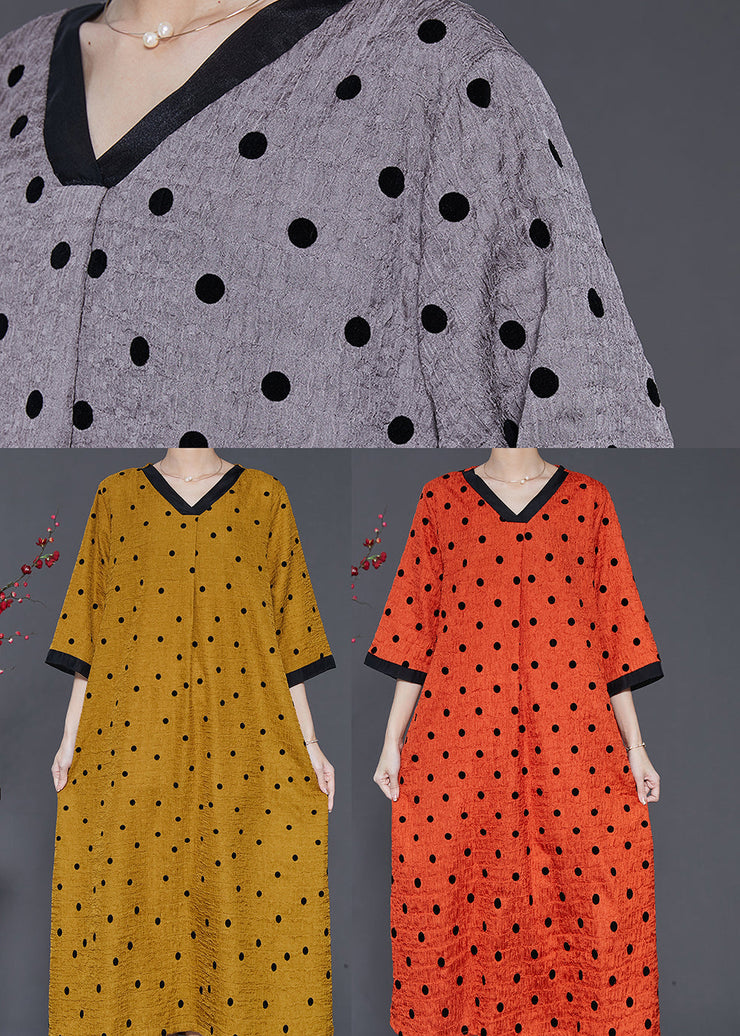 French Yellow V Neck Print Linen Dresses Summer