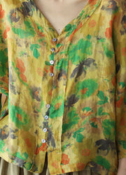 French Yellow V Neck Print Linen Shirts Summer