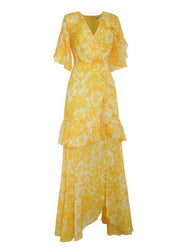 French Yellow V Neck Ruffled Asymmetrical Patchwork Silk Long Dress Summer