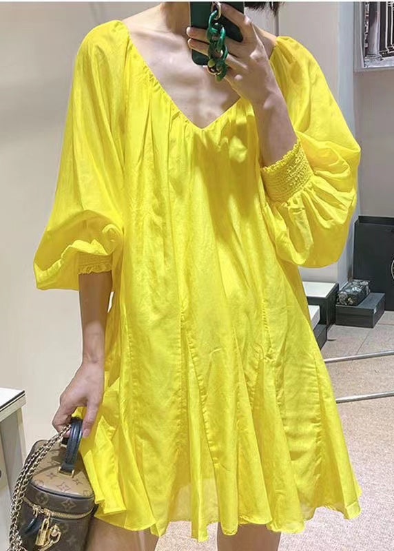 French Yellow V Neck Sexy Cotton Mid Dress Spring