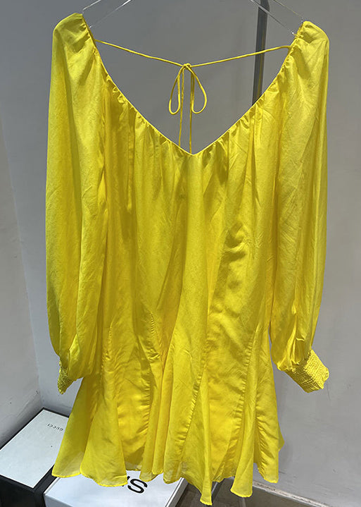 French Yellow V Neck Sexy Cotton Mid Dress Spring