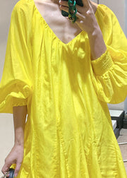 French Yellow V Neck Sexy Cotton Mid Dress Spring