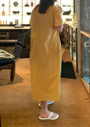 French Yellow V Neck Wrinkled Patchwork Cotton Long Dress Summer