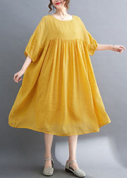 French Yellow Wrinkled Exra Large Hem Cotton Vacation Dress Short Sleeve