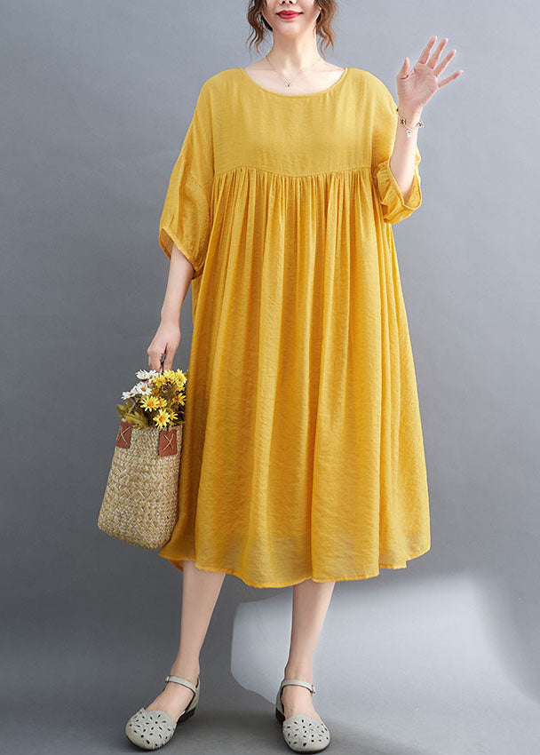 French Yellow Wrinkled Exra Large Hem Cotton Vacation Dress Short Sleeve