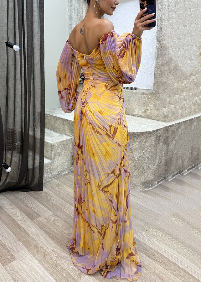 French Yellow Wrinkled Zircon Cotton Maxi Dresses Spring