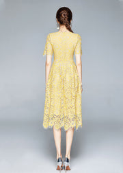 French Yellow Zip Up Slim Fit Lace Party Dress Short Sleeve