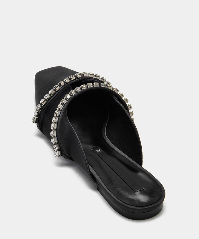 French Zircon Splicing Black Satin Slide Sandals