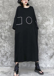 French black tunics for women o neck pockets A Line Dress - SooLinen