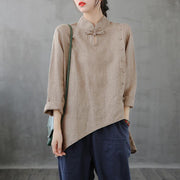 French stand collar asymmetric tops women Cotton gray shirts