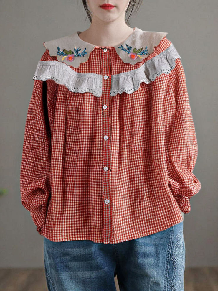 Grace Orange Red Embroideried Patchwork Shirt Tops Spring