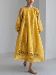 French Yellow O Neck Hollow Out Lace Dresses Grace