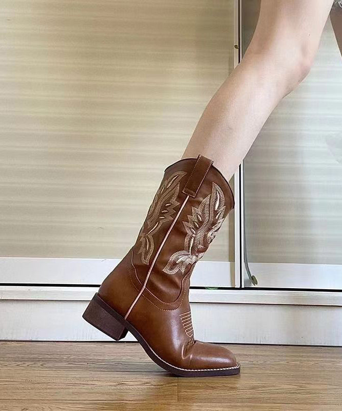 Genuine Leather Boots Unique Splicing Brown Embroidery