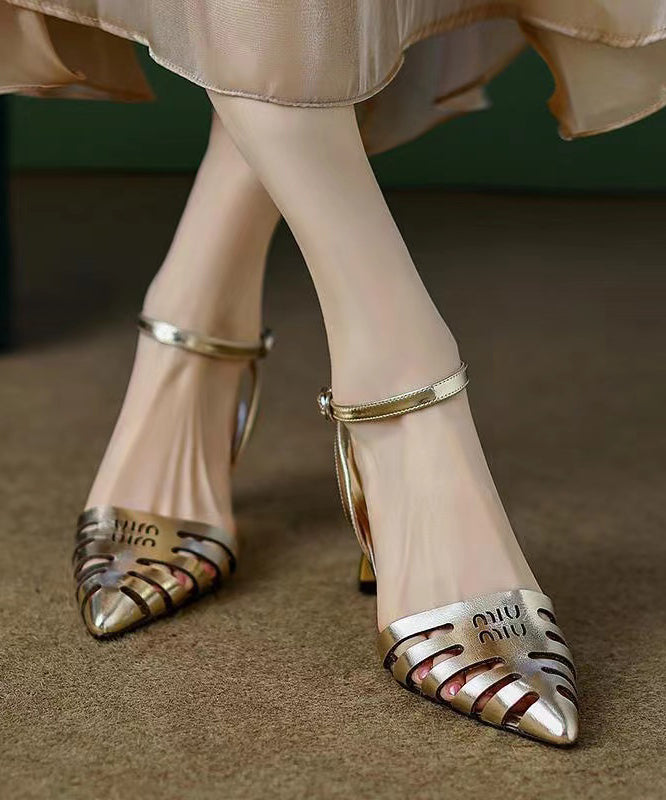 Gold Hollow Out Pointed Toe Classy Chunky Sandals