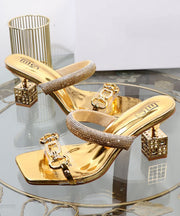 Gold Zircon Splicing Chunky Heel Slide Sandals Peep Toe