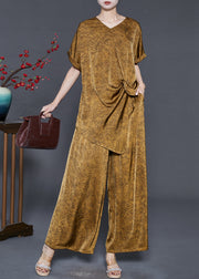 Golden Jacquard Silk Two Piece Suit Set Asymmetrical Summer