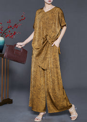 Golden Jacquard Silk Two Piece Suit Set Asymmetrical Summer