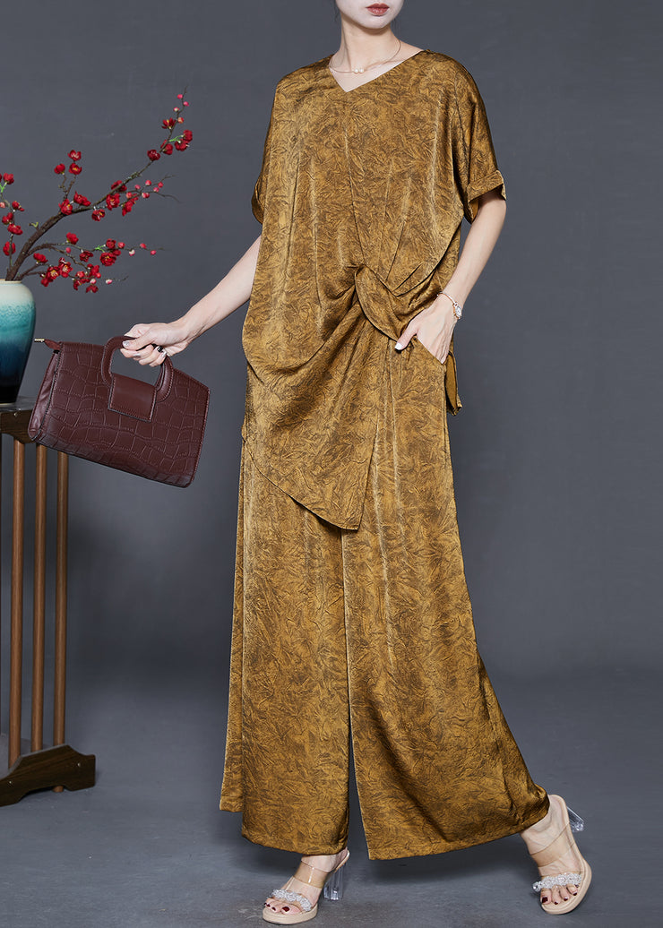 Golden Jacquard Silk Two Piece Suit Set Asymmetrical Summer