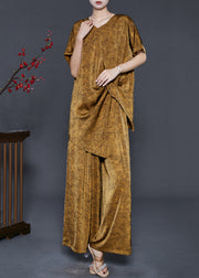 Golden Jacquard Silk Two Piece Suit Set Asymmetrical Summer