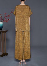 Golden Jacquard Silk Two Piece Suit Set Asymmetrical Summer