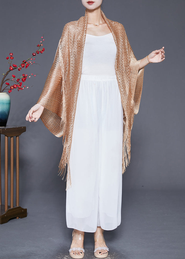 Golden Loose Knit Cardigan Tasseled Batwing Sleeve