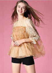 Golden Organza A Line Top Embroideried Wrinkled Half Sleeve