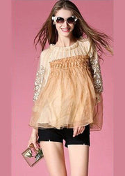 Golden Organza A Line Top Embroideried Wrinkled Half Sleeve