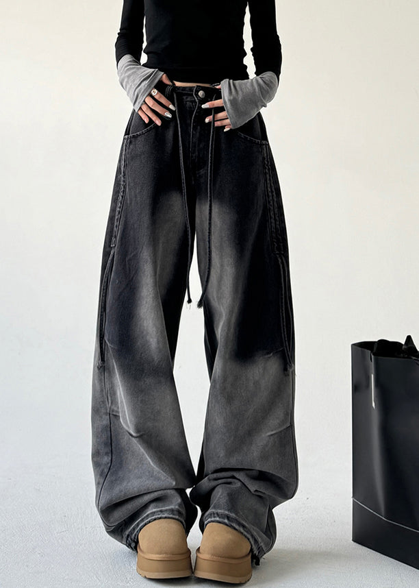 Gradient Color Black High Wais Straight Denim Pants Spring