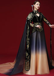 Gradient Color Black High Waist Embroidered Silk Velour Mantle And Dress Two Piece Set Long Sleeve