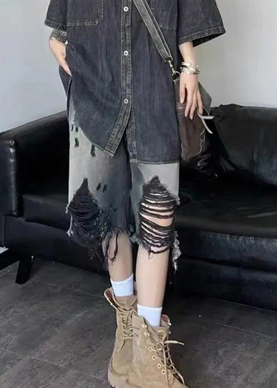 Gradient Color Black Patchwork High Waist Denim Shorts Summer