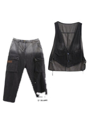 Gradient Color Black V Neck Patchwork Waistcoat And Harem Pants Two Pieces Set Spring