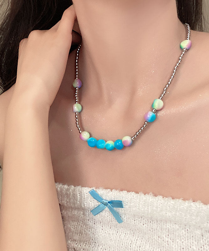 Gradient Color Blue Aloy Beading Graduated Bead Necklace