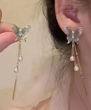 Gradient Color Blue Metal Butterfly Pearl Tassel Drop Earrings
