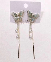 Gradient Color Blue Metal Butterfly Pearl Tassel Drop Earrings
