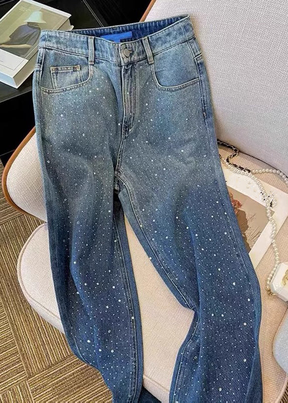 Gradient Color Blue Pockets High Waist Zircon Wide Leg Jeans