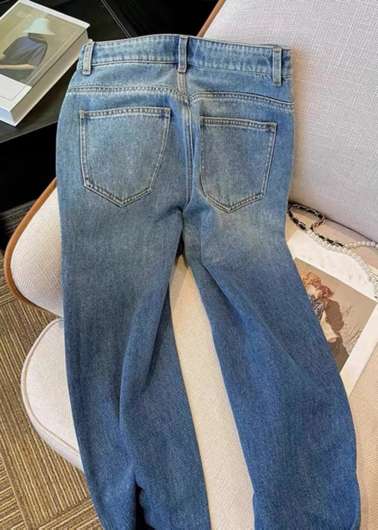 Gradient Color Blue Pockets High Waist Zircon Wide Leg Jeans