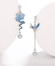 Gradient Color Blue Sterling Silver Asymmetricar Zircon Xiangyun Crane Tassel Drop Earrings