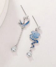 Gradient Color Blue Sterling Silver Asymmetricar Zircon Xiangyun Crane Tassel Drop Earrings