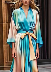 Gradient Color Blue Tie Waist Silk Long Dress Fall