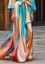 Gradient Color Blue Tie Waist Silk Long Dress Fall