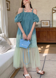 Gradient Color Blue Tulle Patchwork Spaghetti Strap Long Dress Short Sleeve