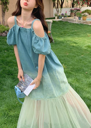Gradient Color Blue Tulle Patchwork Spaghetti Strap Long Dress Short Sleeve