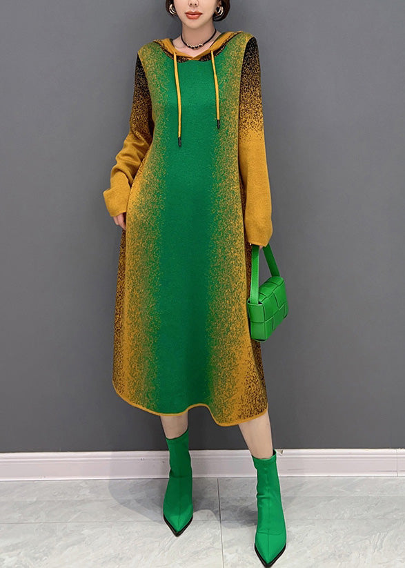 Gradient Color Green Neck Tie Hooded Knit Long Dress Winter