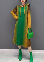 Gradient Color Green Neck Tie Hooded Knit Long Dress Winter